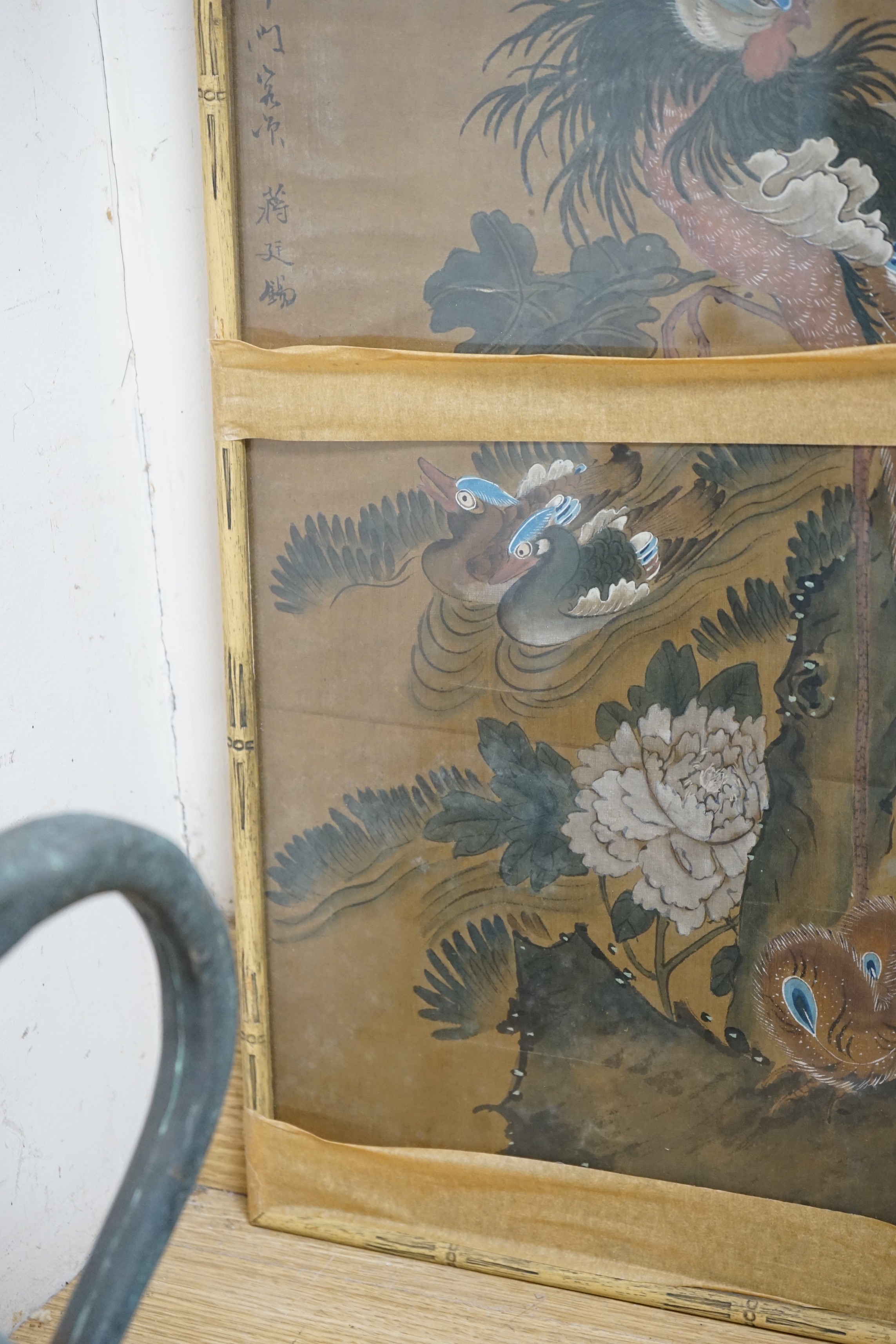 Japanese School, 19th century, painting on silk of birds amid foliage, height 76cm, width 44.5cm.